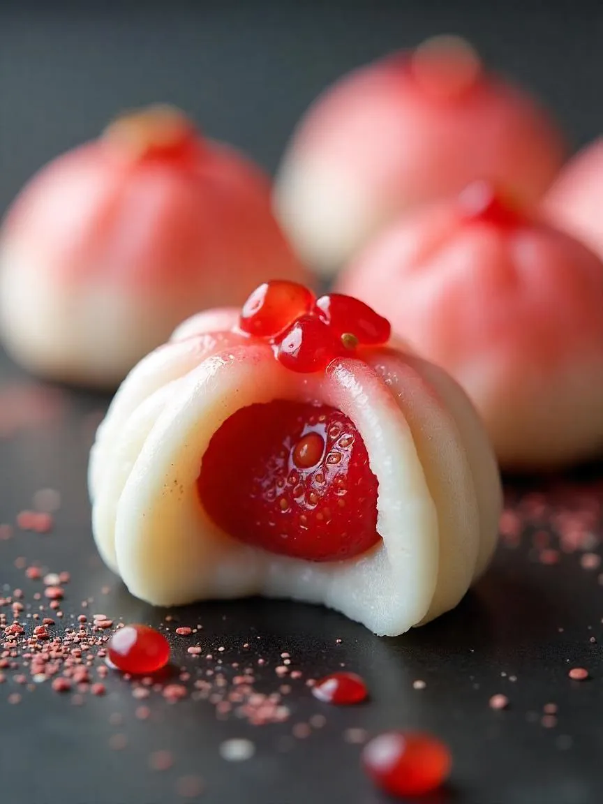 A close-up of strawberry daifuku showing soft mochi dough wrapped around a fresh red strawberry with sweet red bean paste inside.