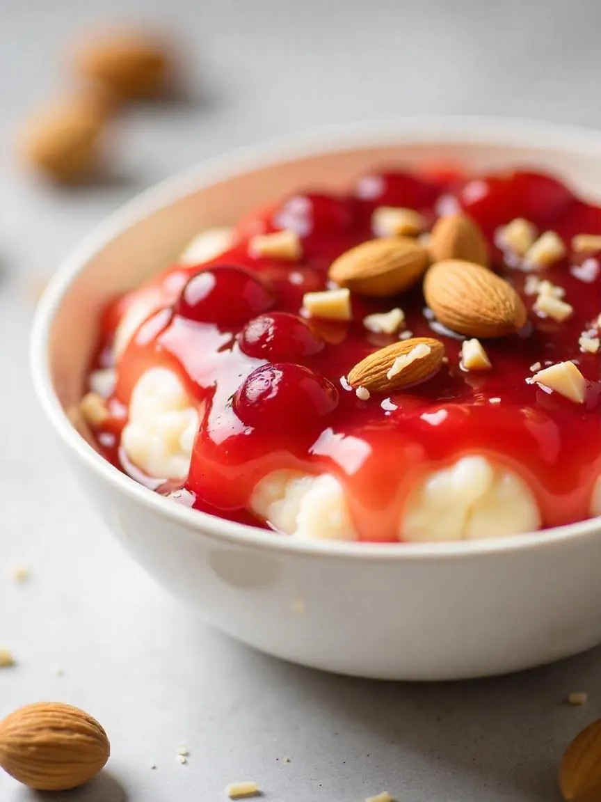 Traditional Danish Christmas dessert risalamande with whipped cream, chopped almonds, and sour cherry sauce on top.