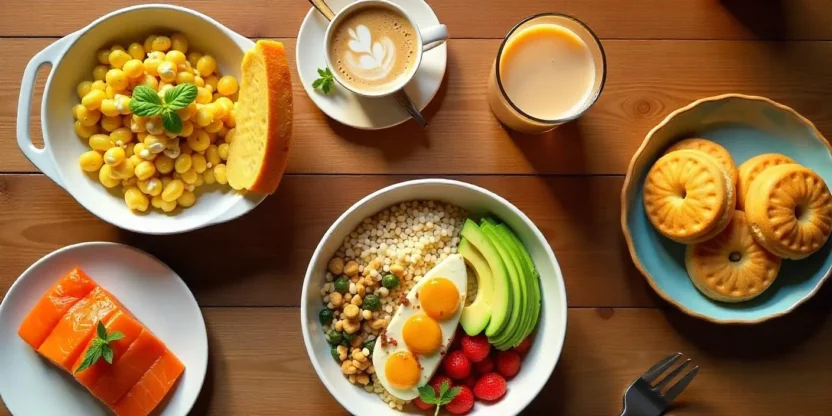 An inviting top-down view of TikTok’s most viral recipes—feta pasta, whipped coffee, and more—beautifully styled on a cozy kitchen table without text.