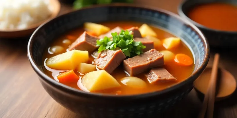 A bowl of traditional Japanese Nikujaga stew with tender beef, potatoes, carrots, and onions in a savory soy-based broth.