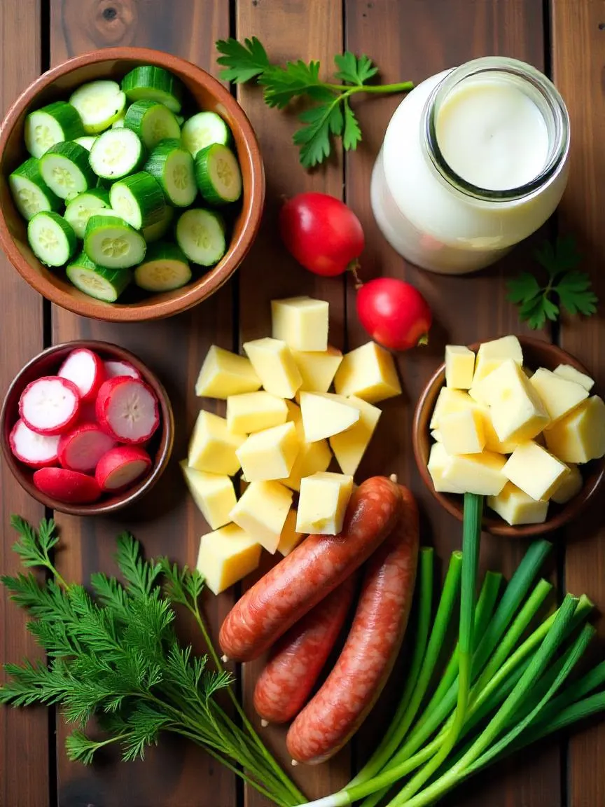 Fresh ingredients for okroshka neatly arranged on a wooden table, including chopped vegetables, herbs, boiled eggs, potatoes, and a jug of kvass.