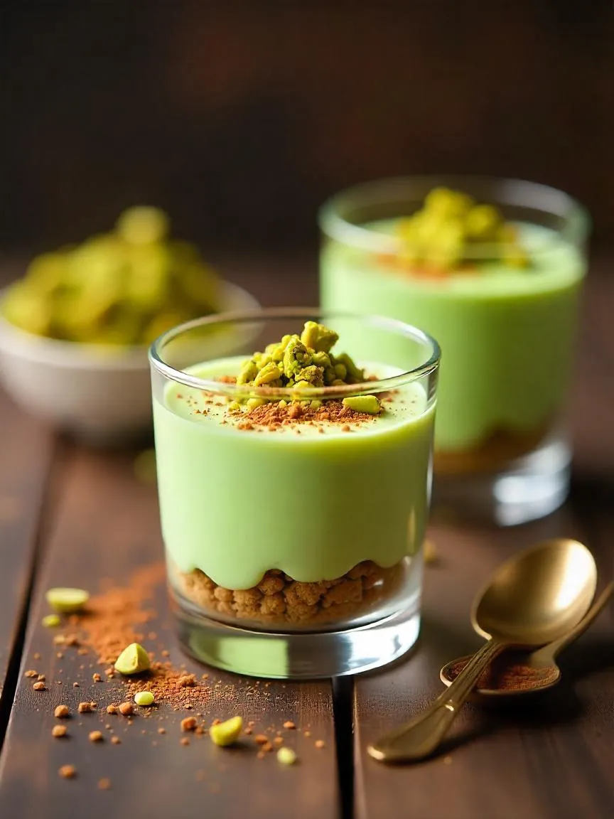 Elegant pistachio tiramisu desserts layered in clear glass cups, topped with chopped pistachios and a light dusting of cocoa powder. Presented on a rustic wooden table with golden dessert spoons.

