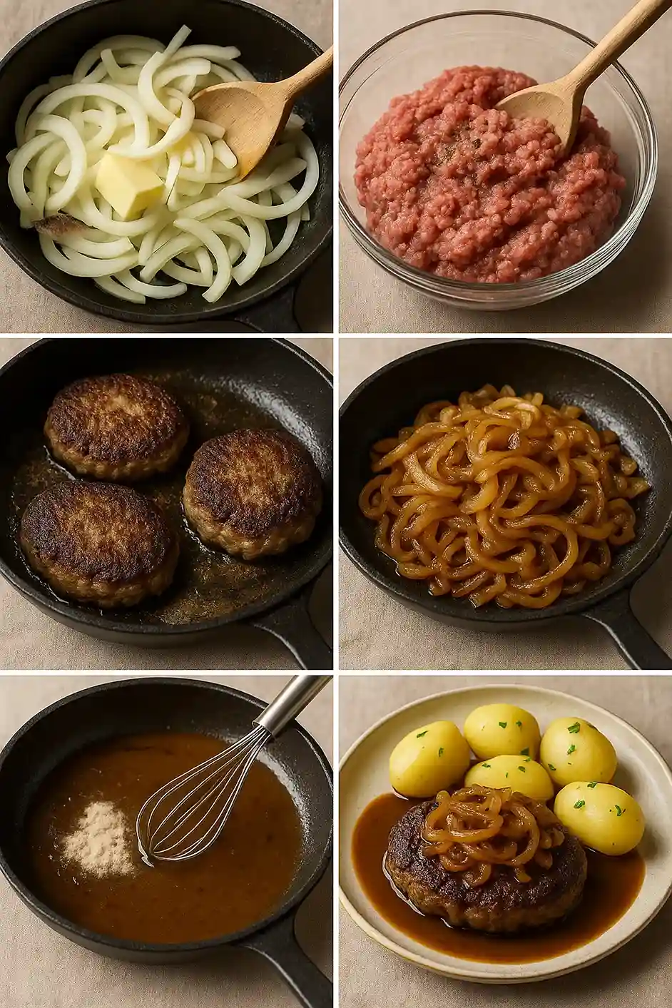 Step-by-step ingredients and instructions for making traditional Danish hakkebøf with caramelized onions, boiled potatoes, and brown gravy.