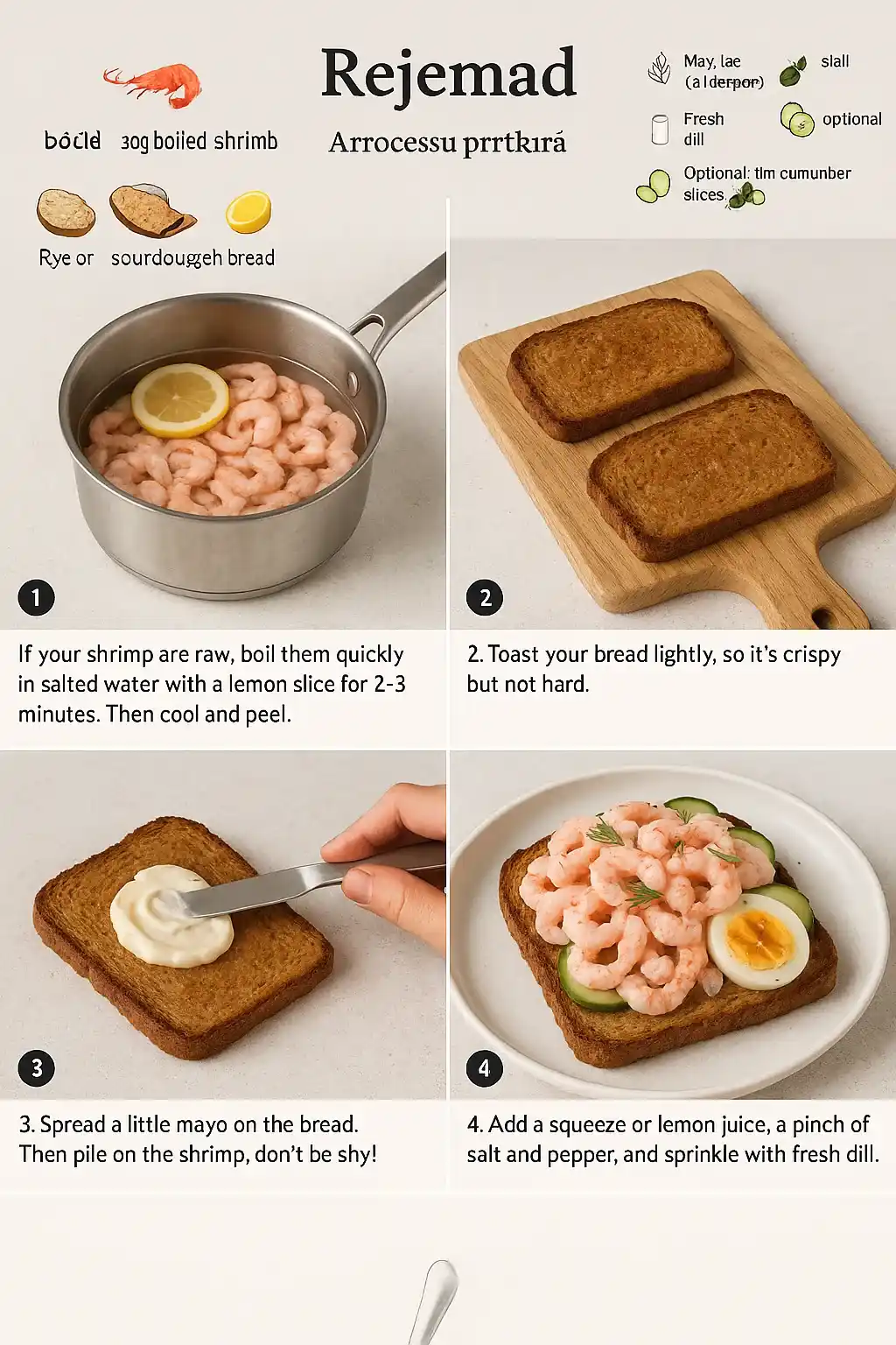 Step-by-step ingredients for making Danish shrimp sandwich Rejemad, including shrimp, rye bread, mayonnaise, lemon, and dill.