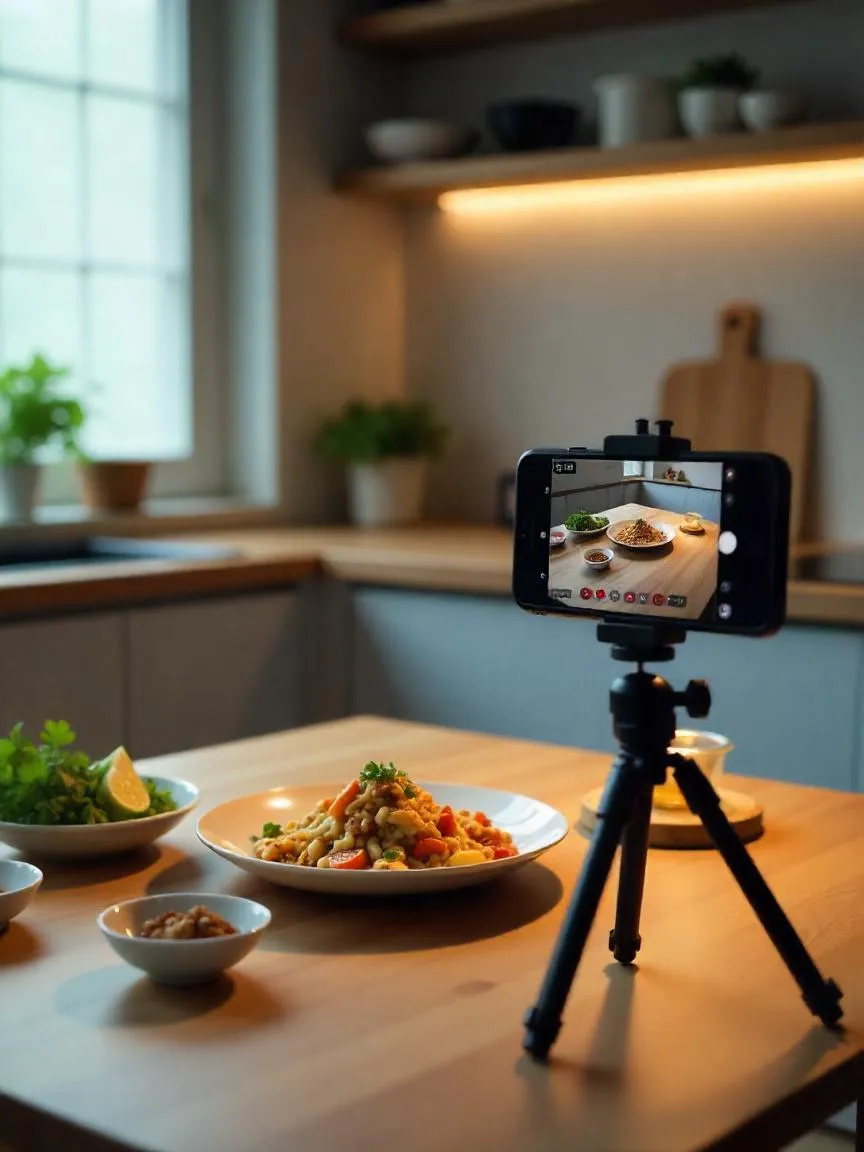 A stylish kitchen scene with a phone recording a food video, capturing the fun of sharing viral TikTok recipes and delicious creations with others.