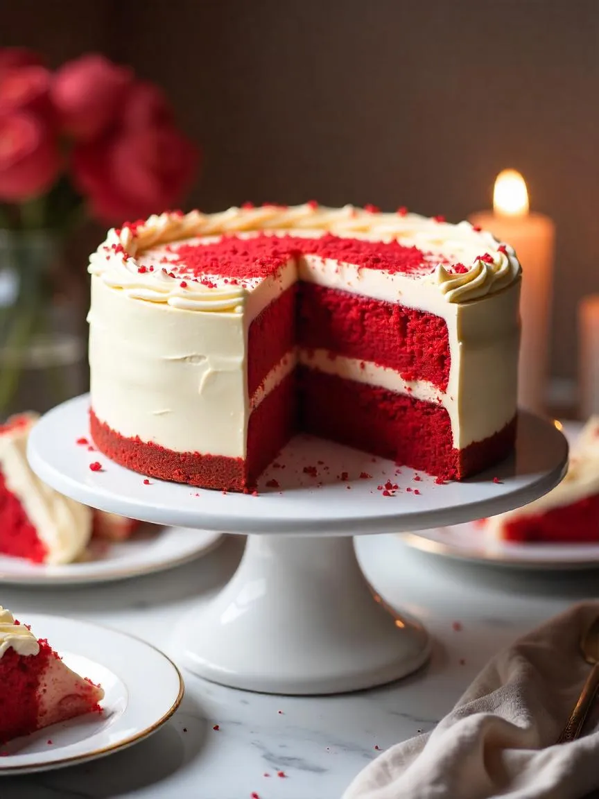 Elegant red velvet cheesecake with layers of rich red cake and creamy cheesecake, topped with smooth cream cheese frosting and red velvet crumbs.

