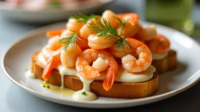 A Danish open-faced shrimp sandwich topped with fresh dill and lemon on toasted rye bread.