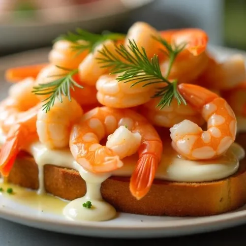 A Danish open-faced shrimp sandwich topped with fresh dill and lemon on toasted rye bread.
