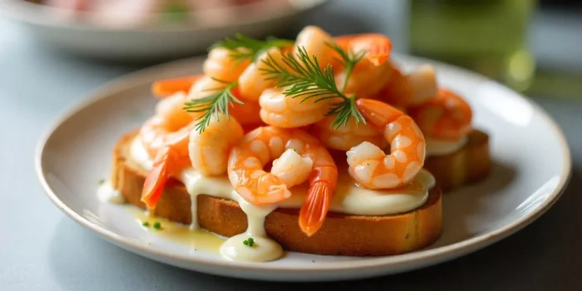 A Danish open-faced shrimp sandwich topped with fresh dill and lemon on toasted rye bread.