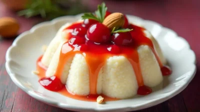 Close-up of a bowl of risalamande, a fluffy rice pudding dessert with vanilla and almonds, garnished with vibrant cherry sauce.