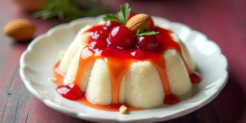 Close-up of a bowl of risalamande, a fluffy rice pudding dessert with vanilla and almonds, garnished with vibrant cherry sauce.