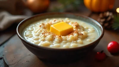 Close-up of creamy rice porridge served in a ceramic bowl with festive Christmas decor in the background.