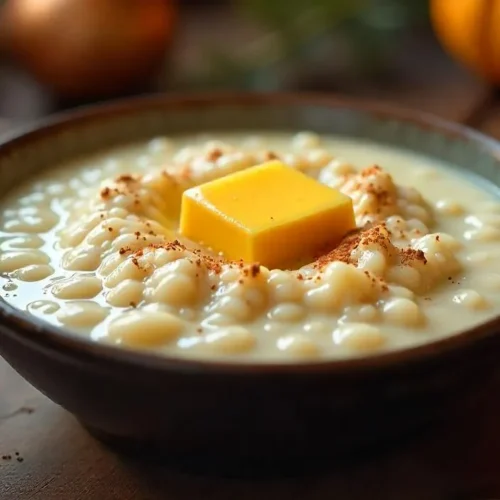 Close-up of creamy rice porridge served in a ceramic bowl with festive Christmas decor in the background.