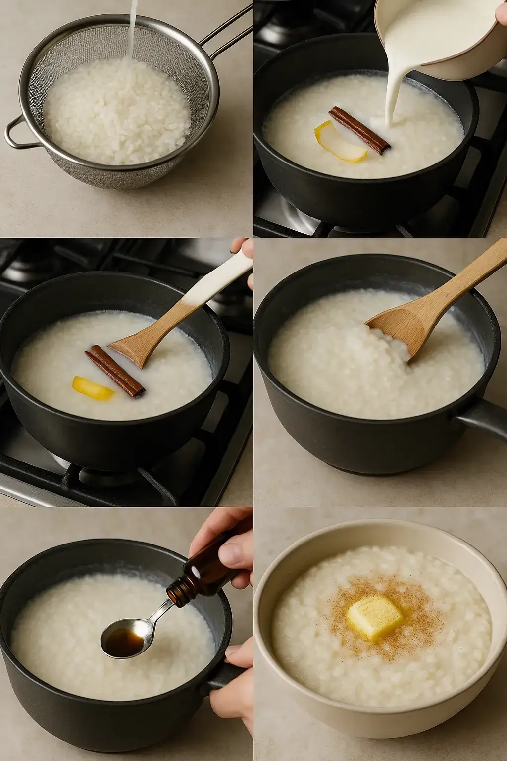 Step-by-step Danish risengrød recipe with ingredients and instructions displayed beside a bowl of finished porridge.