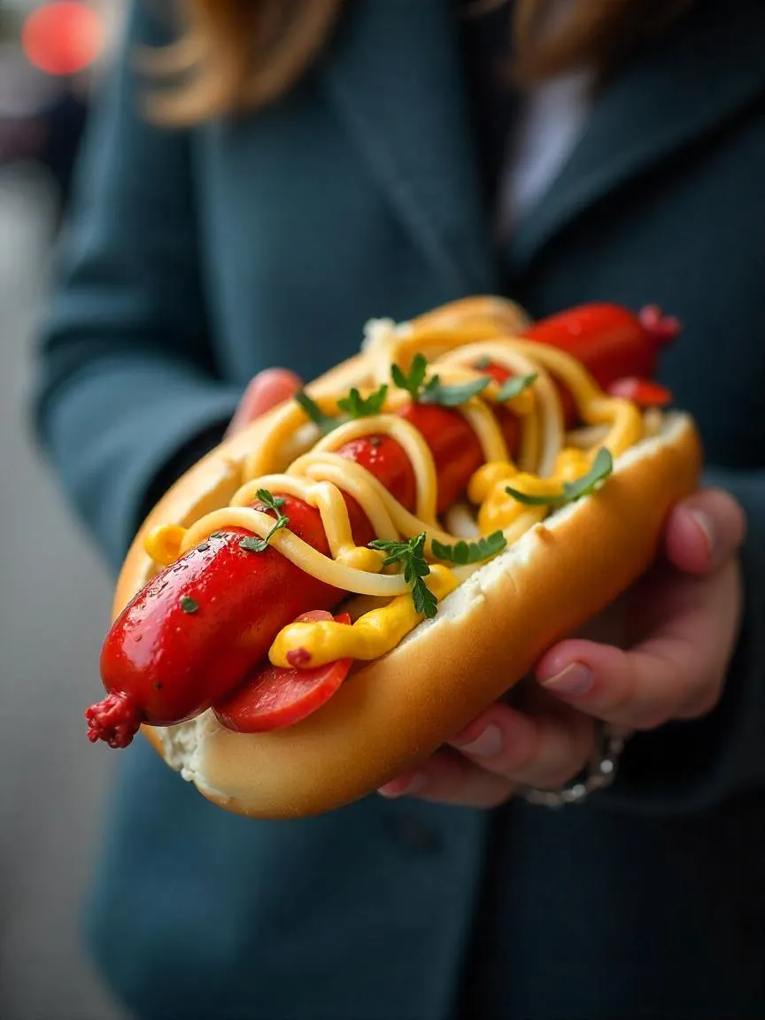 Close-up of a traditional Danish rød pølse served in a soft bun with classic toppings like mustard, ketchup, and pickled cucumbers.