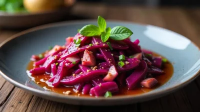 A beautifully plated serving of traditional Danish rødkål, featuring braised red cabbage with apples and warm spices.