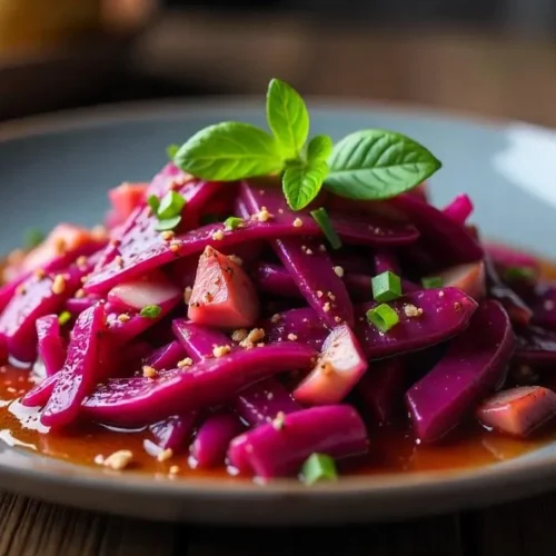 A beautifully plated serving of traditional Danish rødkål, featuring braised red cabbage with apples and warm spices.