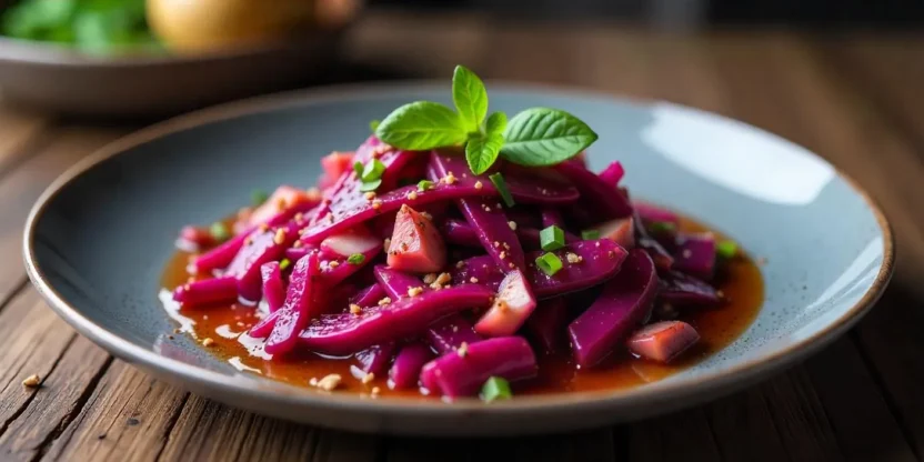 A beautifully plated serving of traditional Danish rødkål, featuring braised red cabbage with apples and warm spices.