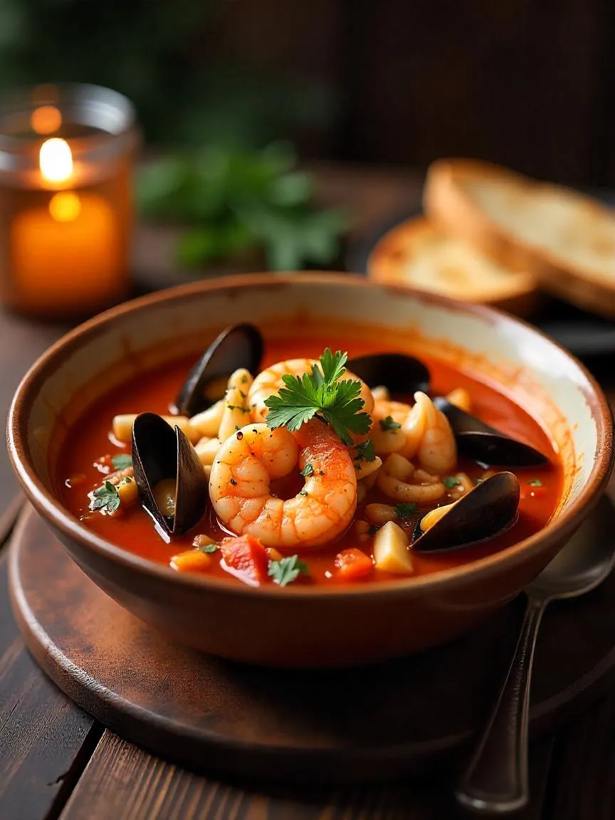 Hearty Italian cioppino with shrimp, mussels, clams, and fish in a rich tomato-wine broth, served in a rustic bowl with herbs and crusty bread.

