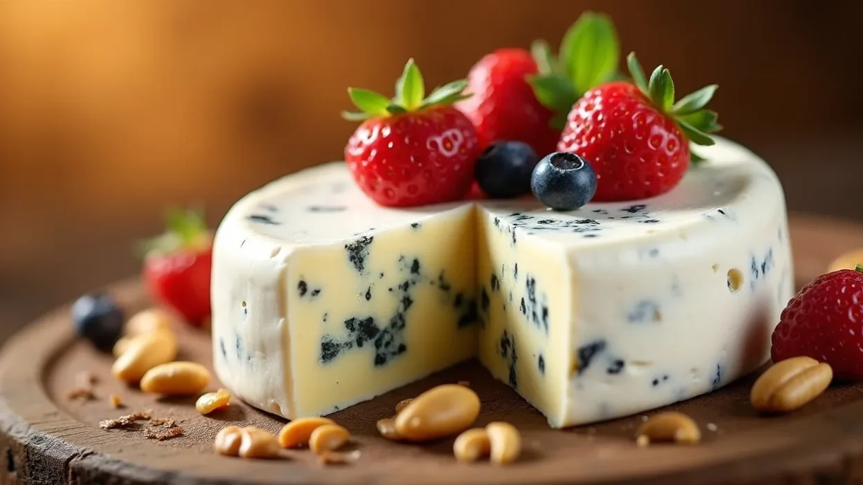Close-up of saga cheese with creamy white rind and blue veins, garnished with fresh berries and nuts.