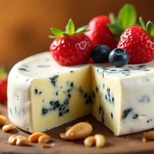 Close-up of saga cheese with creamy white rind and blue veins, garnished with fresh berries and nuts.