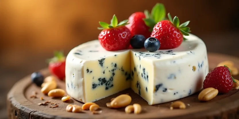 Close-up of saga cheese with creamy white rind and blue veins, garnished with fresh berries and nuts.