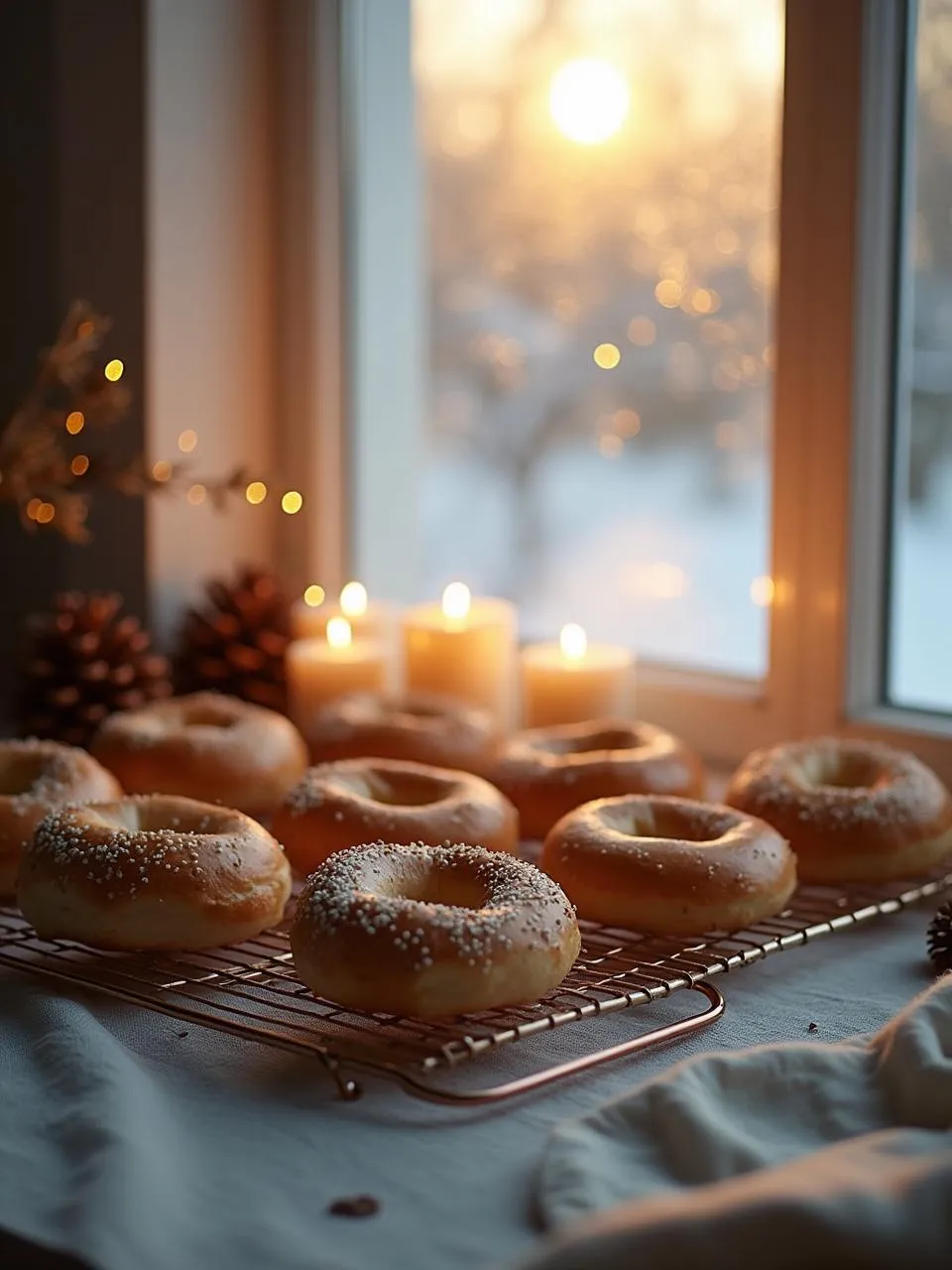 Cardamom bagels cooling by a Nordic window with snow and candles.