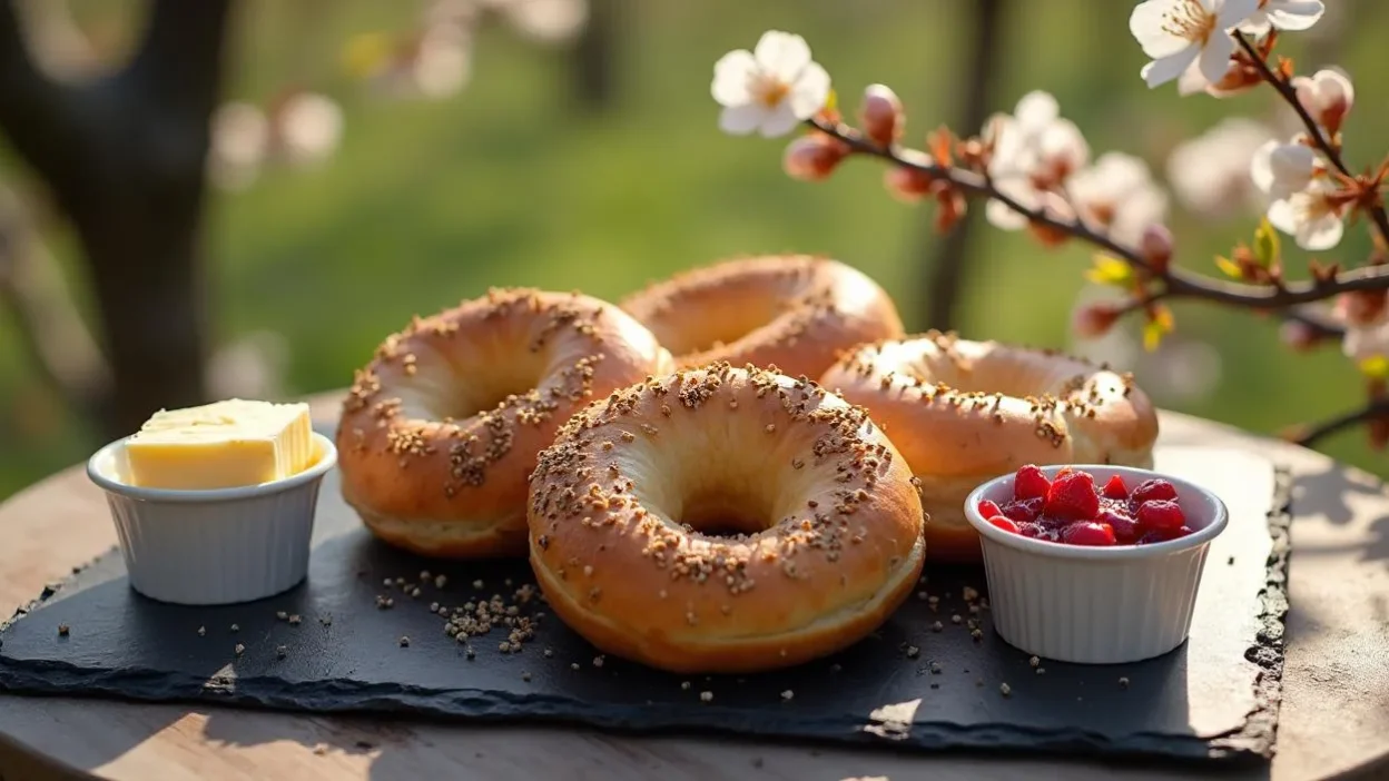 Golden Nordic bagels with cardamom on a wooden table, beside butter and jam