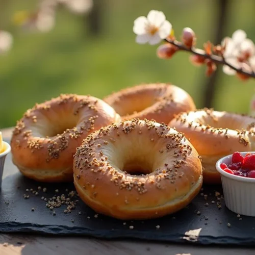 Golden Nordic bagels with cardamom on a wooden table, beside butter and jam