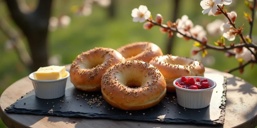 Golden Nordic bagels with cardamom on a wooden table, beside butter and jam