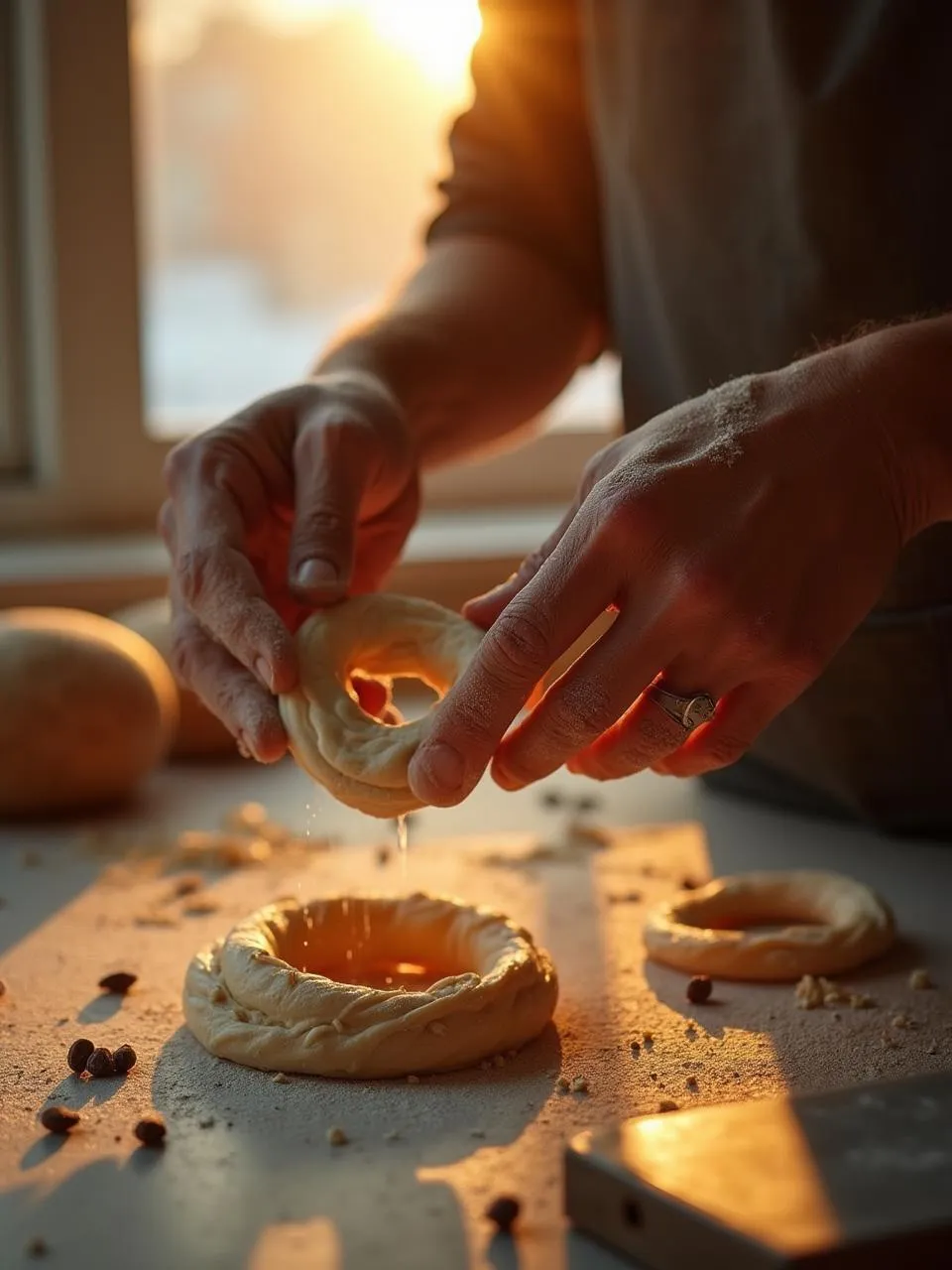 A baker’s hands shaping soft dough into rings on a lightly floured surface, with cardamom pods nearby.
