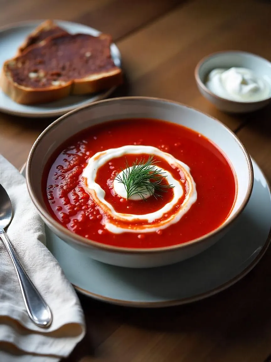 A bowl of deep red borscht topped with sour cream and dill, served with dark rye bread on a rustic table in natural light. 