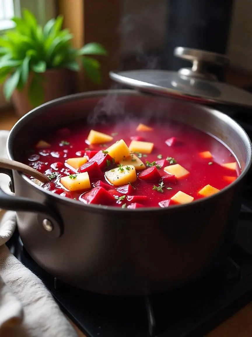 A pot of red borscht simmering on the stove with steam rising and chunks of beet, cabbage, and meat visible in the rich broth. 