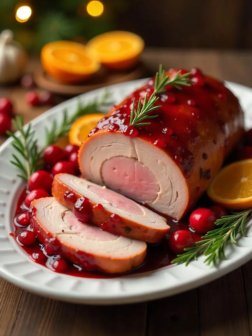 Tender pork loin glazed with a glossy cranberry sauce, sliced and served on a platter with herbs and cranberries, evoking a cozy holiday feel.

