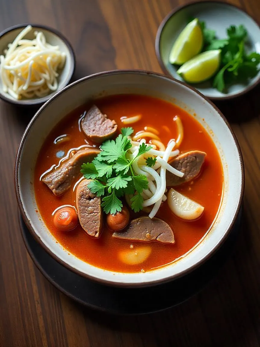 Thien Huong’s Bun Bo Hue offers a bold, spicy beef broth with pork and herbs, delivering a rich, aromatic Vietnamese noodle soup experience. 