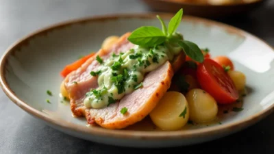 Crispy Stegt Flæsk with golden pork belly, boiled potatoes, and creamy parsley sauce on a white plate