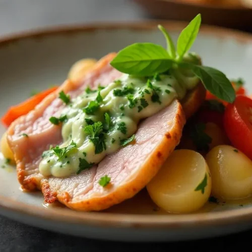 Crispy Stegt Flæsk with golden pork belly, boiled potatoes, and creamy parsley sauce on a white plate