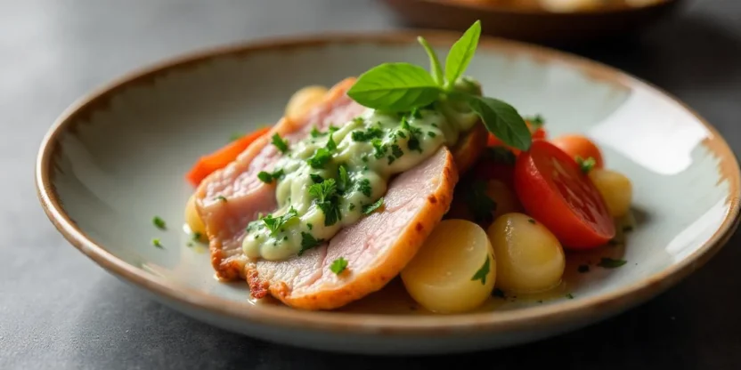 Crispy Stegt Flæsk with golden pork belly, boiled potatoes, and creamy parsley sauce on a white plate