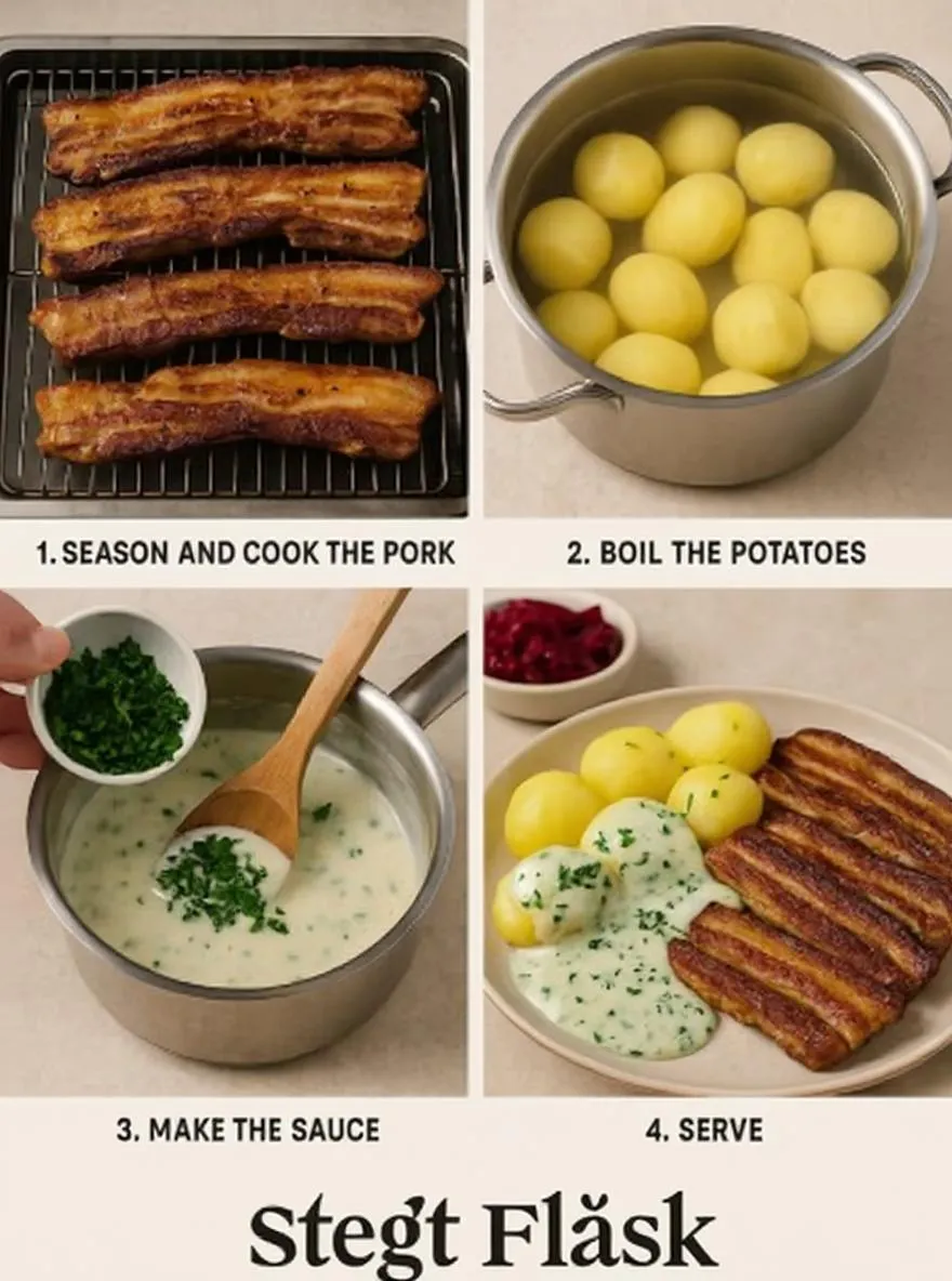 Step-by-step recipe for Danish Stegt Flæsk with ingredients and cooking instructions