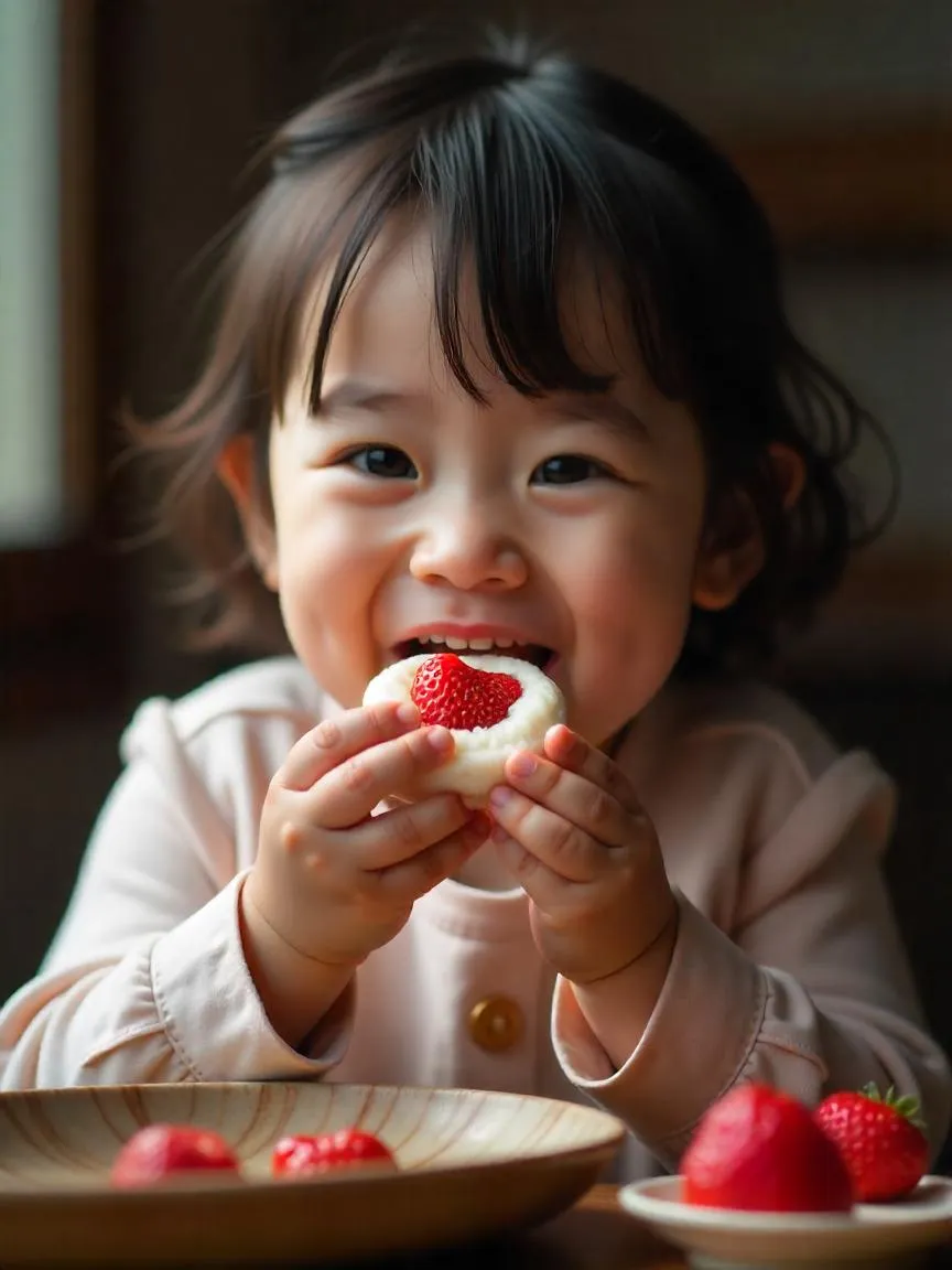 Colorful strawberry daifuku sweets with soft, translucent mochi covering a sweet red bean paste and whole strawberry, presented on a wooden tray.