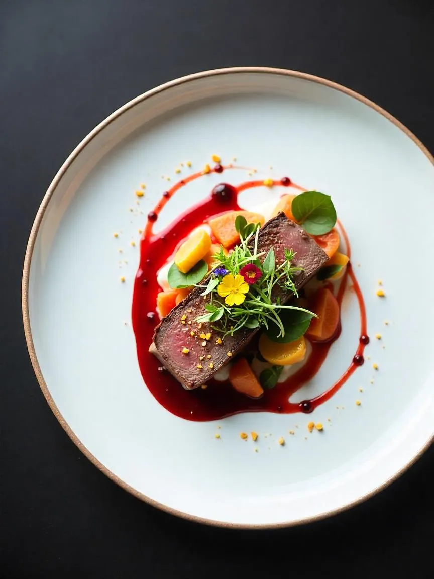 A beautifully plated gourmet dish showcasing artistic sauce drizzling, fresh herbs, citrus zest, and vibrant colors on a white plate—perfect for festive occasions.

