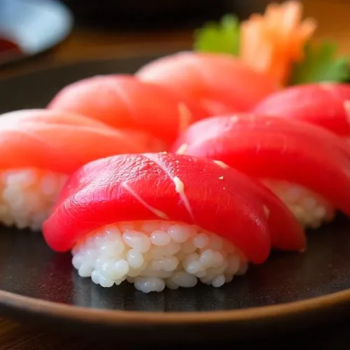 Close-up of fresh tuna nigiri sushi with glossy slices of fish on seasoned vinegared rice.