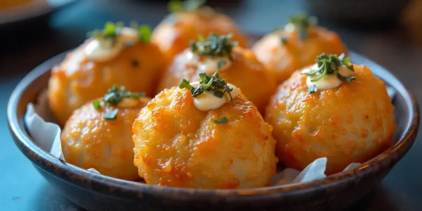 A close-up of golden brown takoyaki balls drizzled with savory sauce, mayonnaise, and sprinkled with green seaweed flakes and bonito flakes.