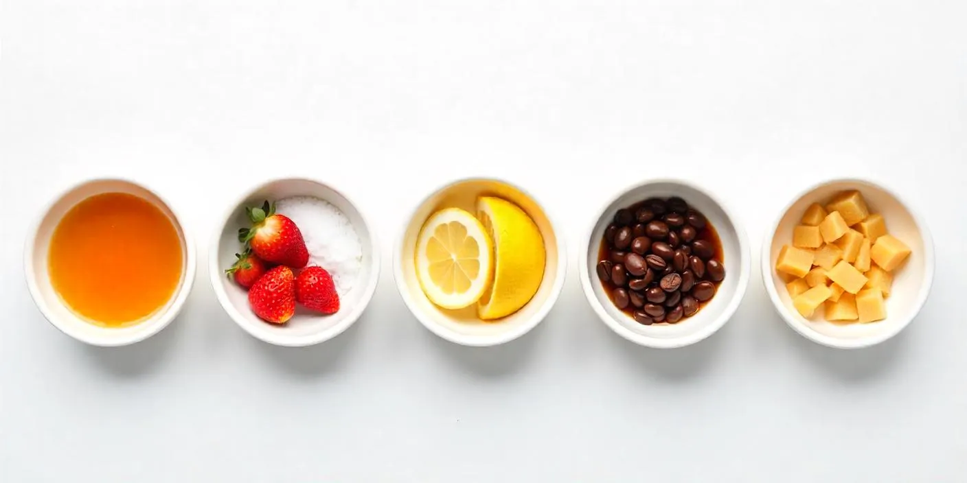 An educational visual featuring five labeled bowls with ingredients symbolizing sweet, salty, sour, bitter, and umami, presented in a clean and modern infographic style. 