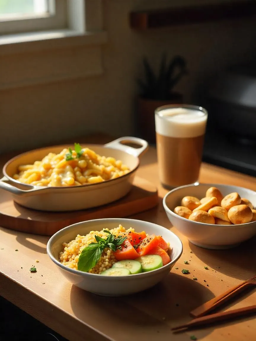 An overhead view of a variety of trendy TikTok dishes arranged on a table, including colorful drinks, mini pancake cereal, pasta, and creative snacks, showcasing viral food trends.