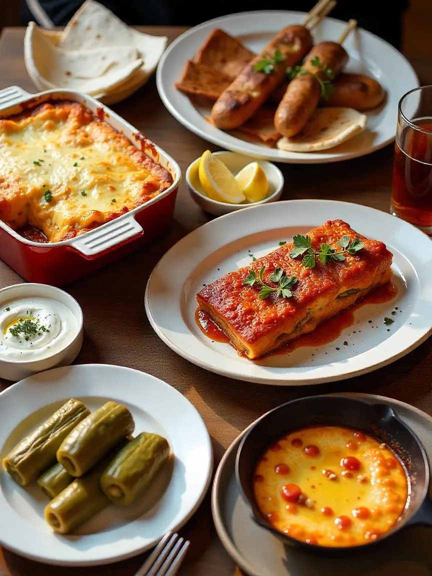 A vibrant Greek feast featuring iconic dishes like moussaka, souvlaki, tzatziki, and dolmades, arranged on a rustic table ready for sharing. 