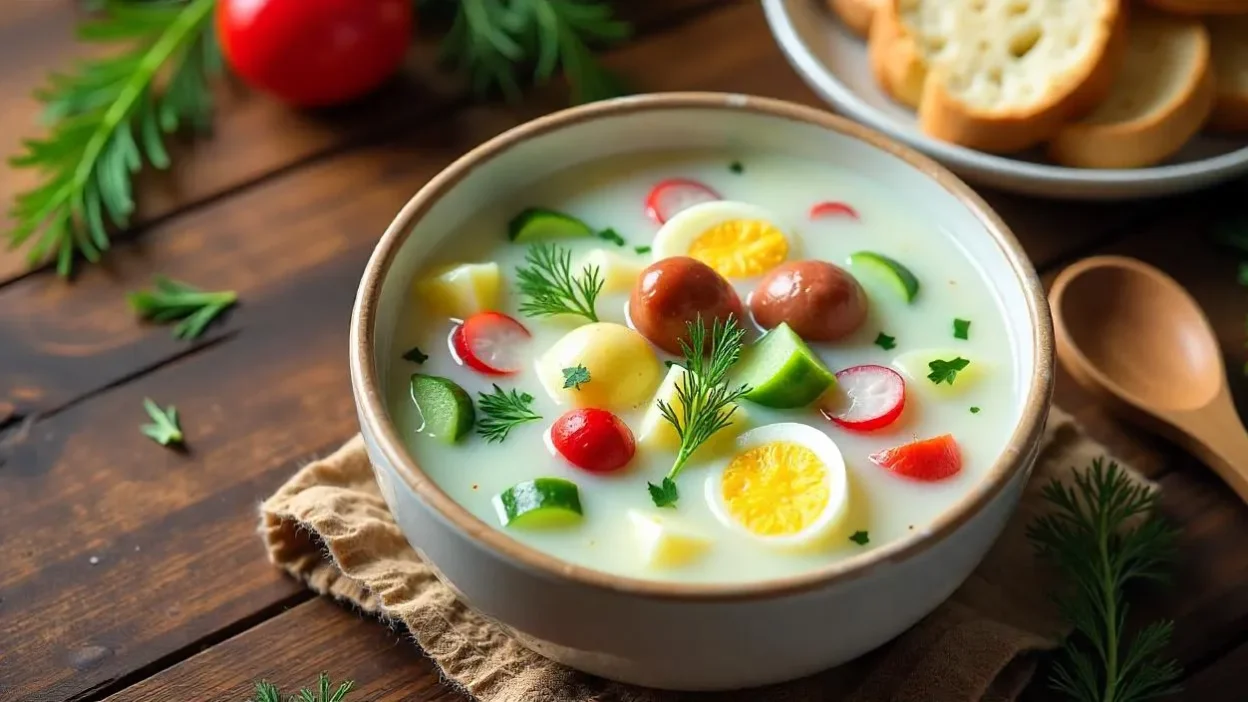 A fresh, vibrant bowl of Russian okroshka soup made with kefir, vegetables, eggs, and herbs, served cold with rye bread on a rustic table.