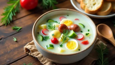 A fresh, vibrant bowl of Russian okroshka soup made with kefir, vegetables, eggs, and herbs, served cold with rye bread on a rustic table.