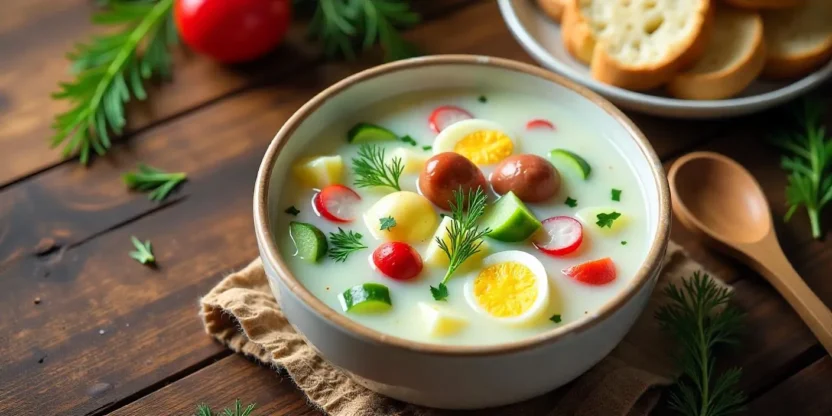 A fresh, vibrant bowl of Russian okroshka soup made with kefir, vegetables, eggs, and herbs, served cold with rye bread on a rustic table.