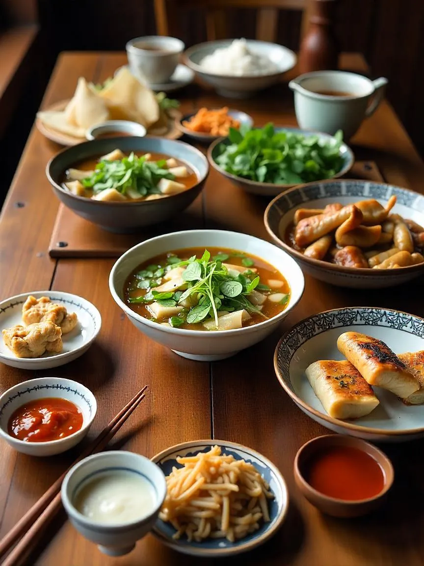 A family-style Vietnamese meal featuring pho, fresh herbs, spring rolls, and dipping sauces — reflecting the rich cultural traditions behind every dish. 